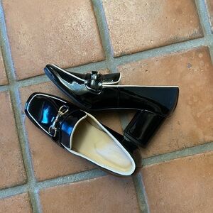Liz Claiborne Black Patent Block Heel Loafers with Gold Buckle